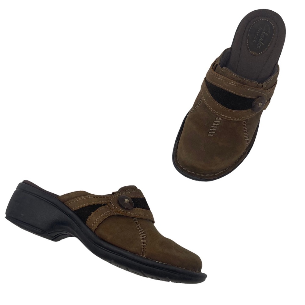 Clarks Artisan Women’s Nubuck Leather Brown Slip On Clogs Comfort Shoes Size 6.5